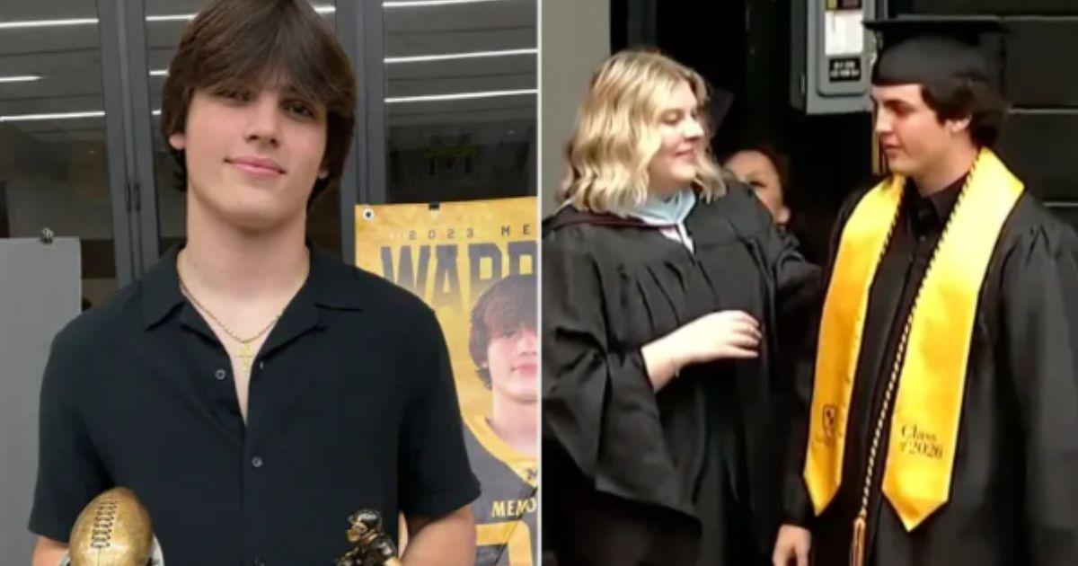 Hunter Metcalf was seen wearing a cap and gown as he joined the students in walking across the stage at the Ford Center on May 21.
