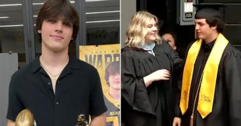 Hunter Metcalf was seen wearing a cap and gown as he joined the students in walking across the stage at the Ford Center on May 21.