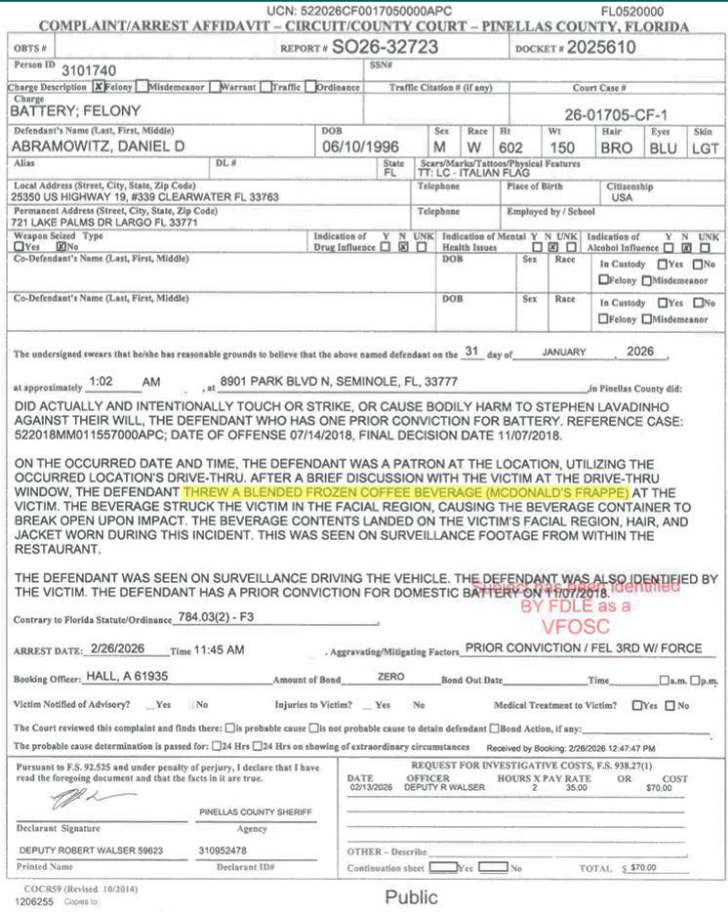 Arrest affidavit from the Pinellas County Sheriff’s Office.