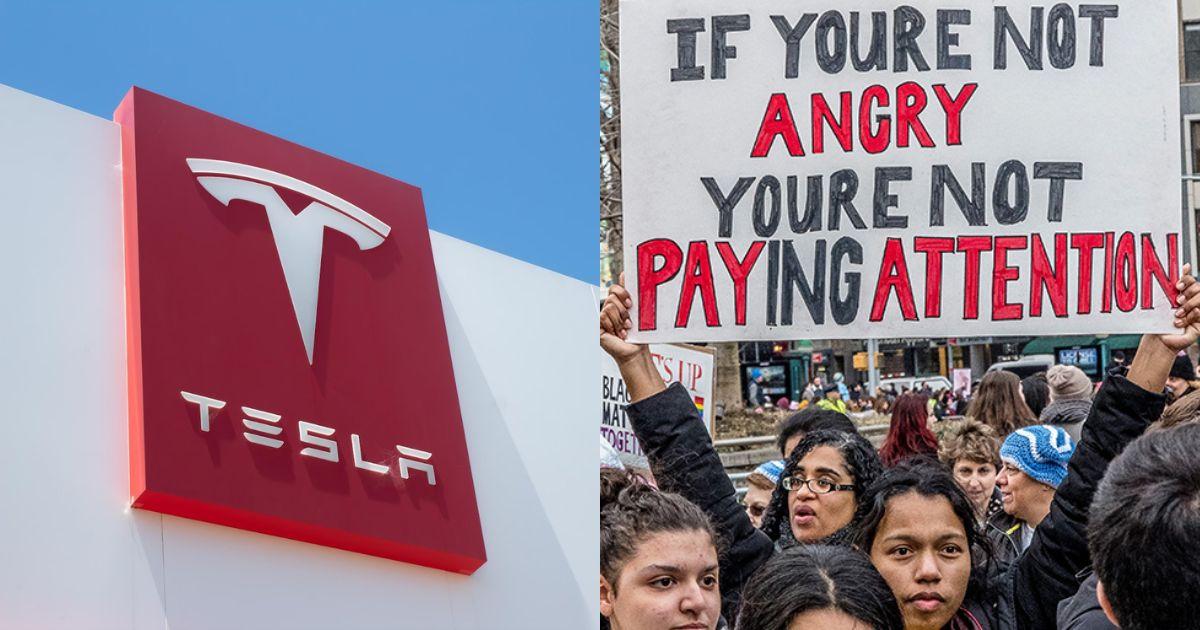 Tesla logo, protest against harassment 