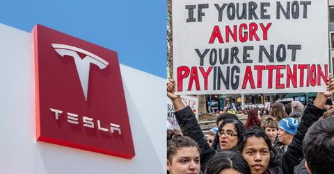 Tesla logo, protest against harassment