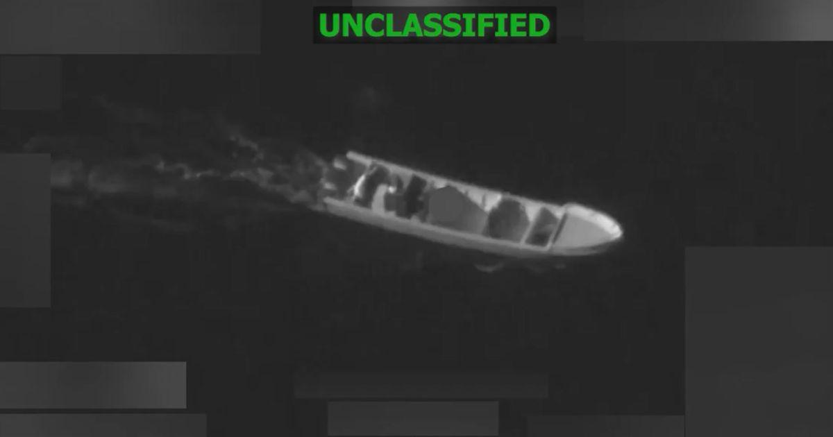 Aerial view of a small boat at sea being targeted in a U.S. Southern Command strike in the Eastern Pacific during a counter-drug mission.