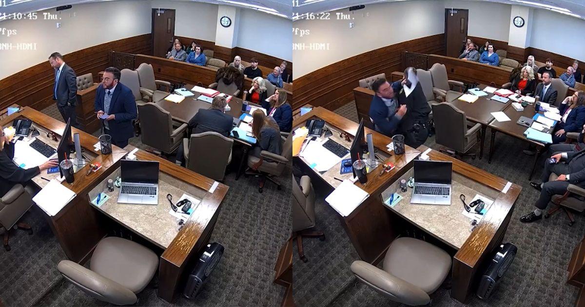 Oklahoma attorney Rob Hopkins being restrained by bailiffs during a courtroom incident that preceded the closure of his law firm.