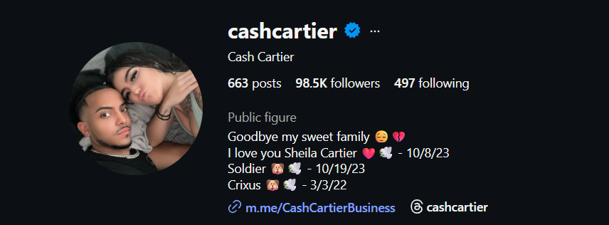Cash Cartier's Instagram bio.