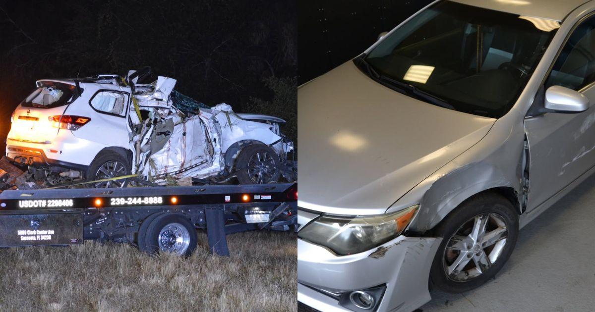 Crash site on I-75 in Sarasota County showing aftermath of collision where a drunk driver forced an SUV off the road, resulting in two fatalities.