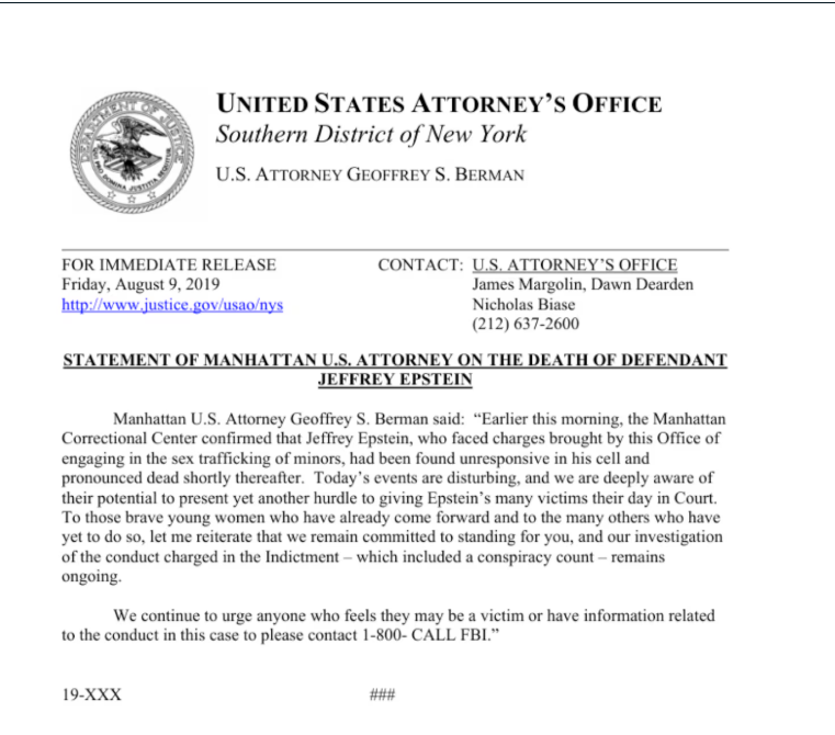 Image of the draft statement from the U.S. Attorney’s Office for the Southern District of New York.